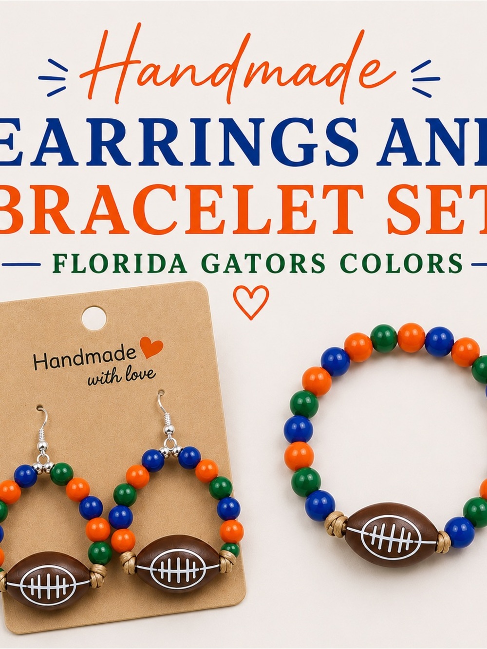Handmade Florida Gators Beaded Earrings & Bracelet Set - Orange, Blue & Green
